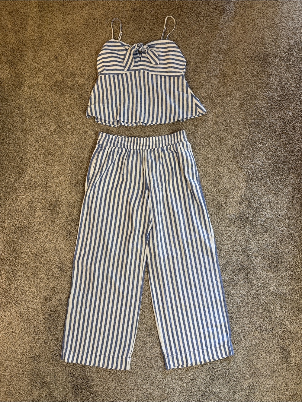 Blue & White Striped Wide-Leg Pants Set